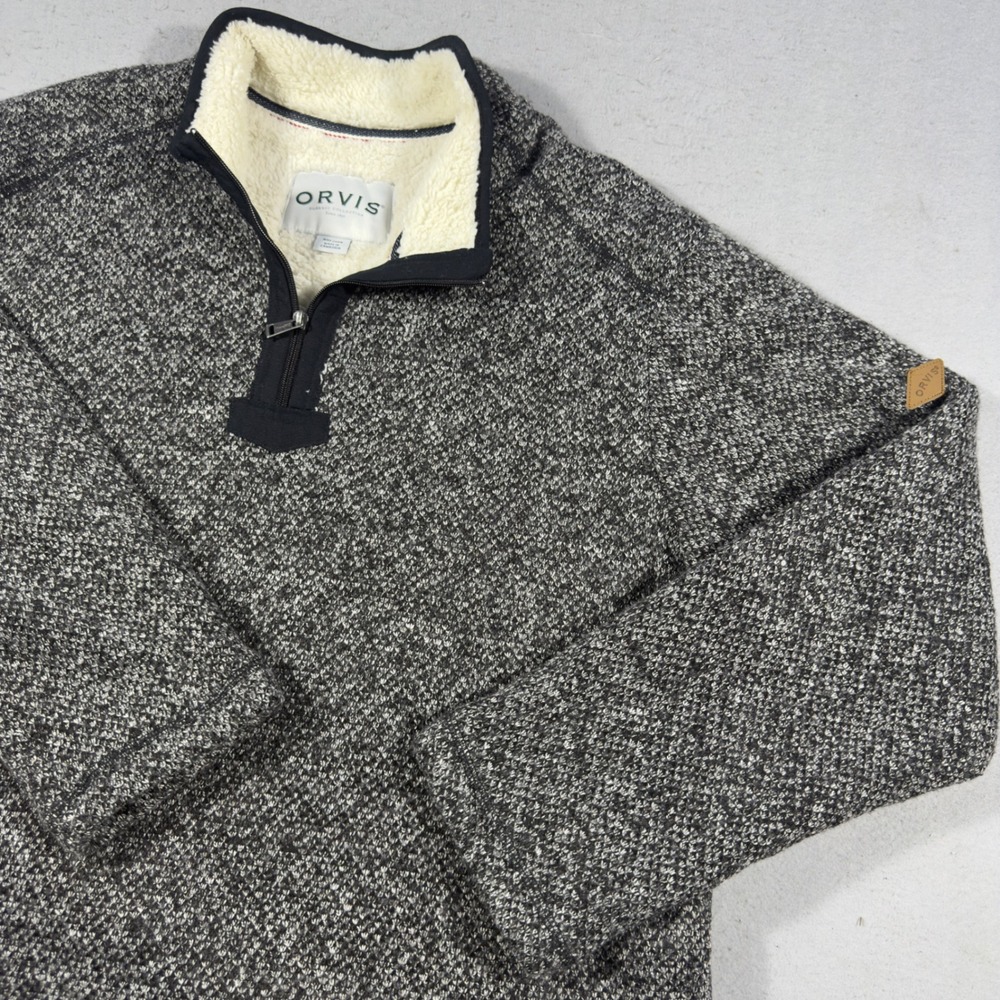 Orvis Mens XXL Sherpa Lined Quarter Zip Pullover Sweater Charcoal Gray Marl Knit